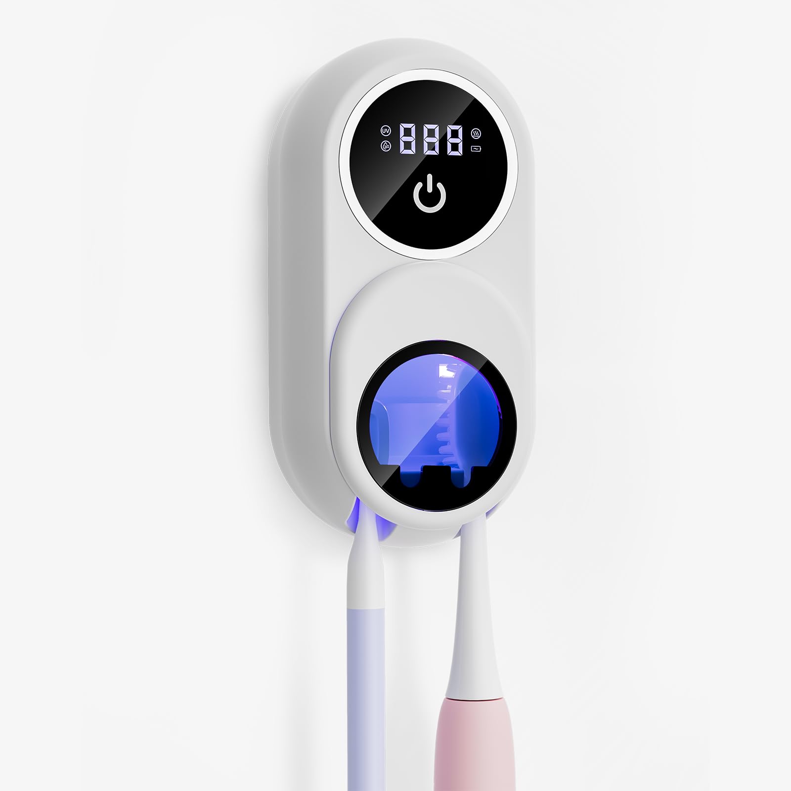 Toothbrush Holder & Toothbrush Cleaner, UV Toothbrush Sanitizer and Holder 2 Slots, Cleaning and Fan & Heat Drying, LED Smart Screen, Wall Mounted Tooth Brush Holder for Bathrooms (Black)