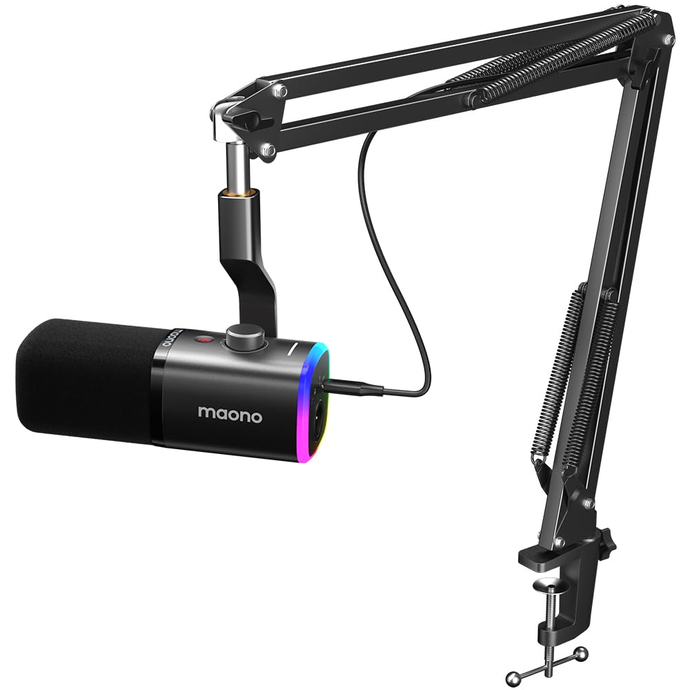 MAONO USB/XLR Podcasting Microphone for PC, Gaming Streaming Dynamic Mic with Mute Button, RGB, Desktop Stand,Computer Mic for Video Studio Recording-PD100X,Black