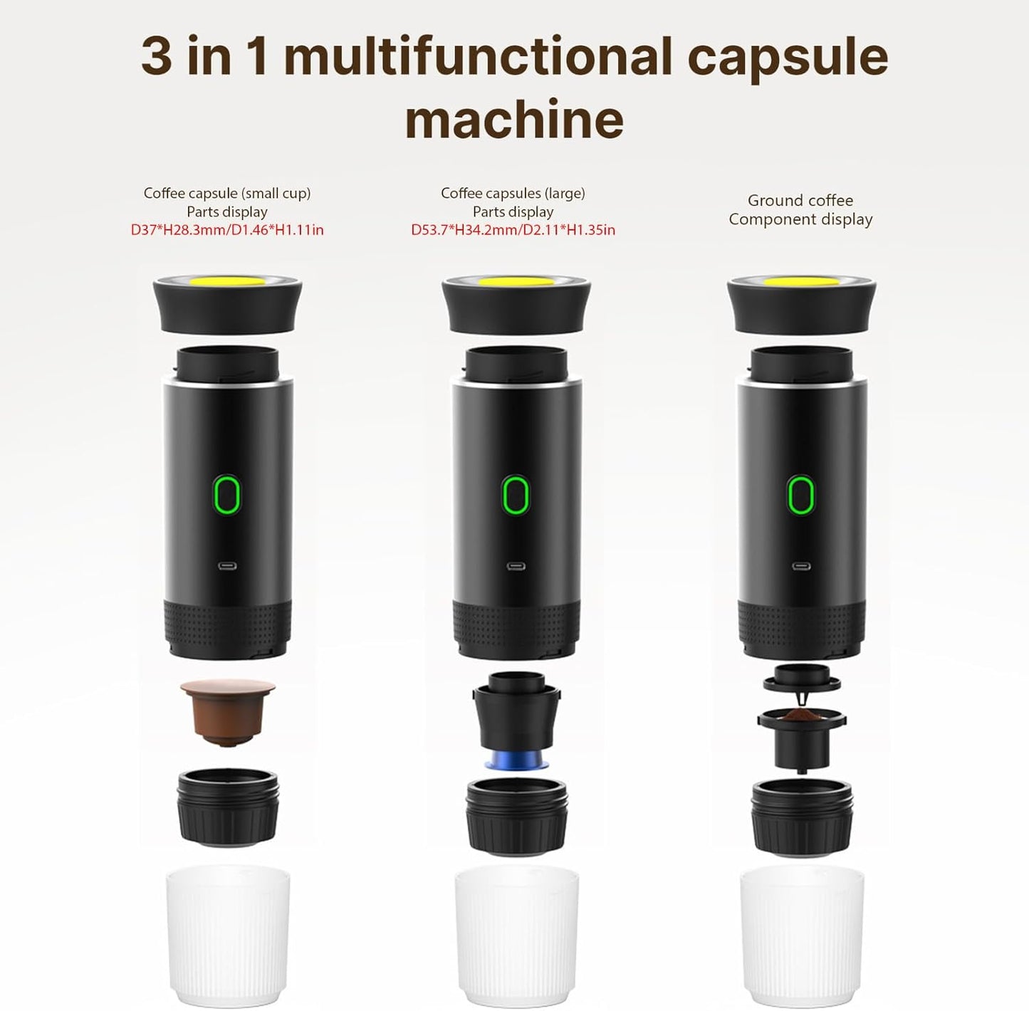 Decdeal Cordless Coffee Machine for Car Home Travel 3 in 1 Electric Coffee Maker Work With Capsule and Ground Coffee 15Bar Mini Cold Brew and Heating Coffee Maker with 150ml Cup