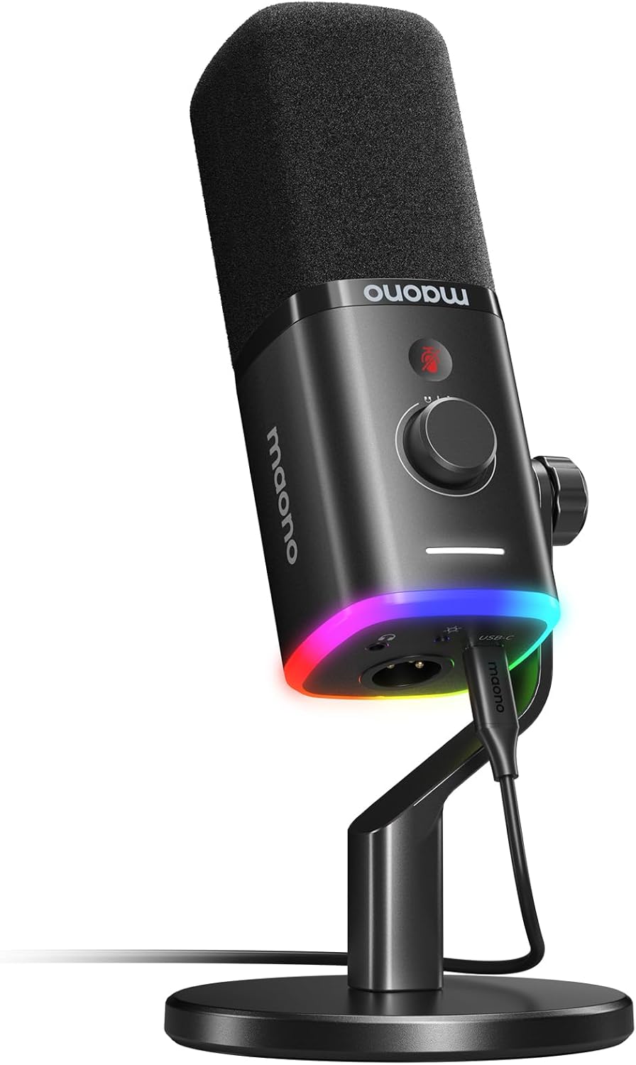 MAONO USB/XLR Podcasting Microphone for PC, Gaming Streaming Dynamic Mic with Mute Button, RGB, Desktop Stand,Computer Mic for Video Studio Recording-PD100X,Black