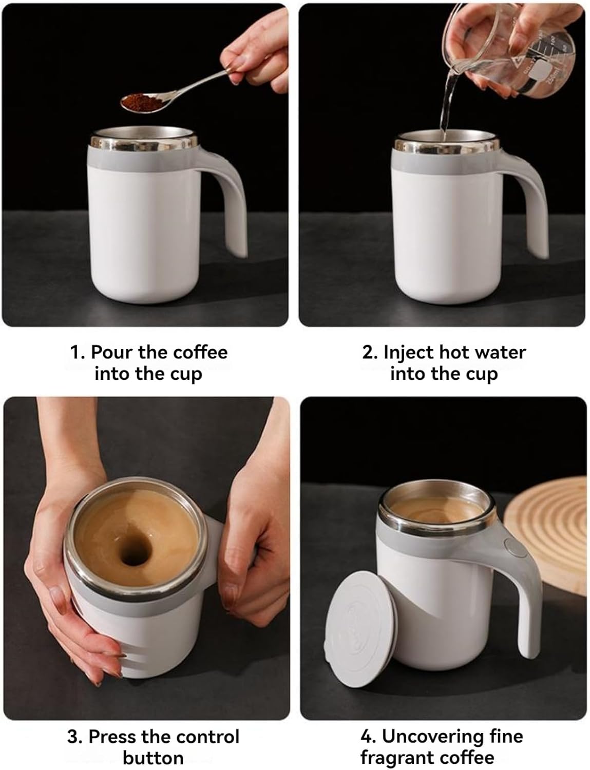 Self Stirring Mug, Electric Automatic Stirring Coffee Cup with 304 Stainless Steel, Rechargeable Travel Mug for Hot/Cold Drinks, Perfect for Coffee, Tea, Hot Chocolate, Office & Home Use(white)