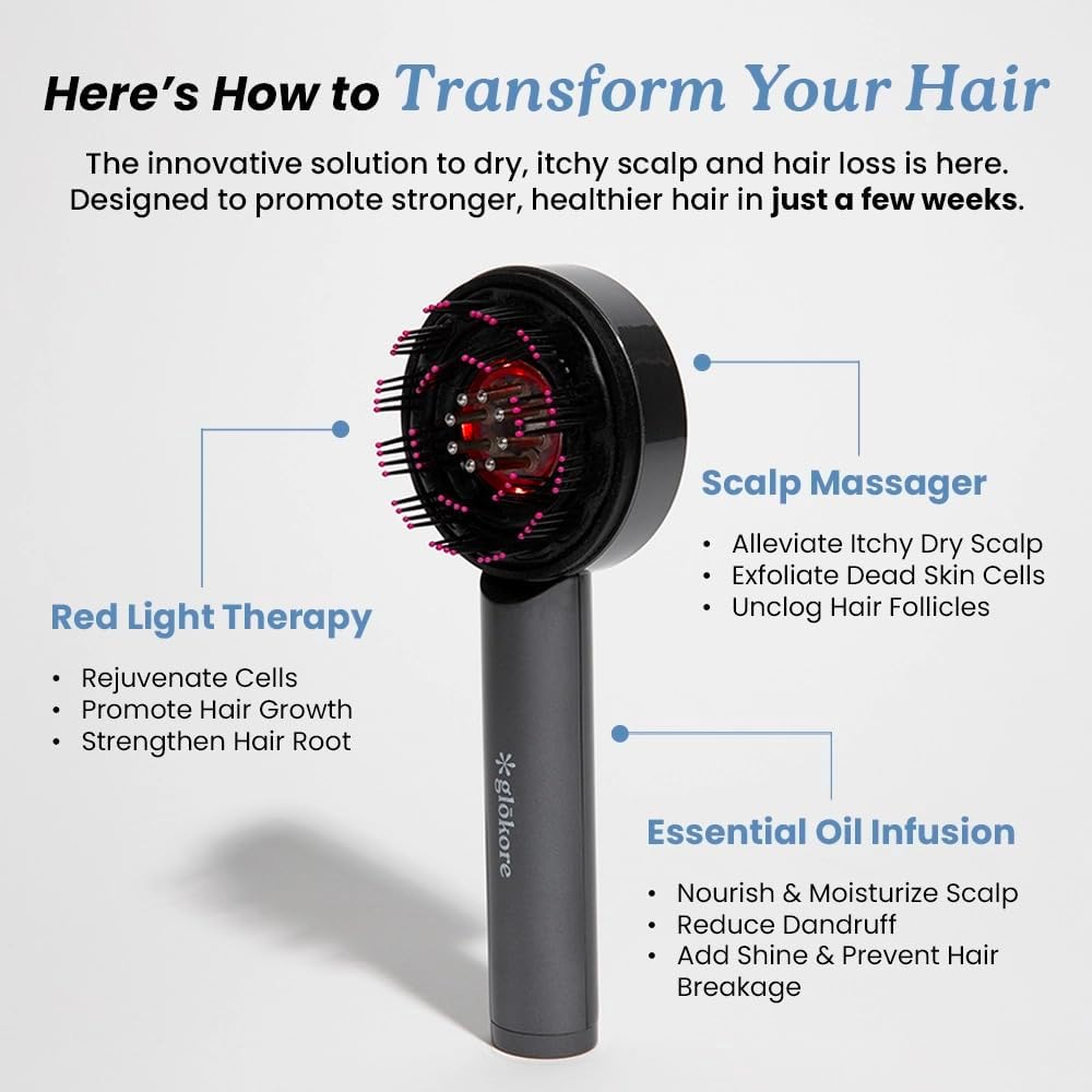 GLOKORE 3-in-1 Red Light Therapy Scalp Massager with Oil Applicator — Electric Hair Growth Device, Vibrating Kneading Massage & Built-in Serum Chamber, Cordless Scalp Care Brush for Men & Women