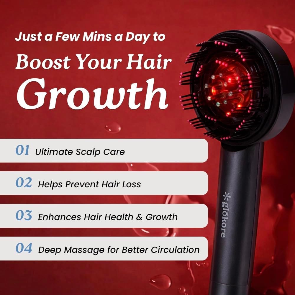 GLOKORE 3-in-1 Red Light Therapy Scalp Massager with Oil Applicator — Electric Hair Growth Device, Vibrating Kneading Massage & Built-in Serum Chamber, Cordless Scalp Care Brush for Men & Women