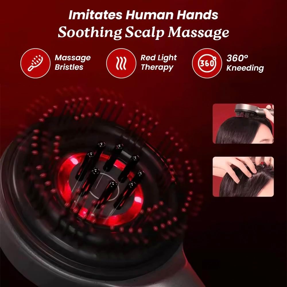GLOKORE 3-in-1 Red Light Therapy Scalp Massager with Oil Applicator — Electric Hair Growth Device, Vibrating Kneading Massage & Built-in Serum Chamber, Cordless Scalp Care Brush for Men & Women