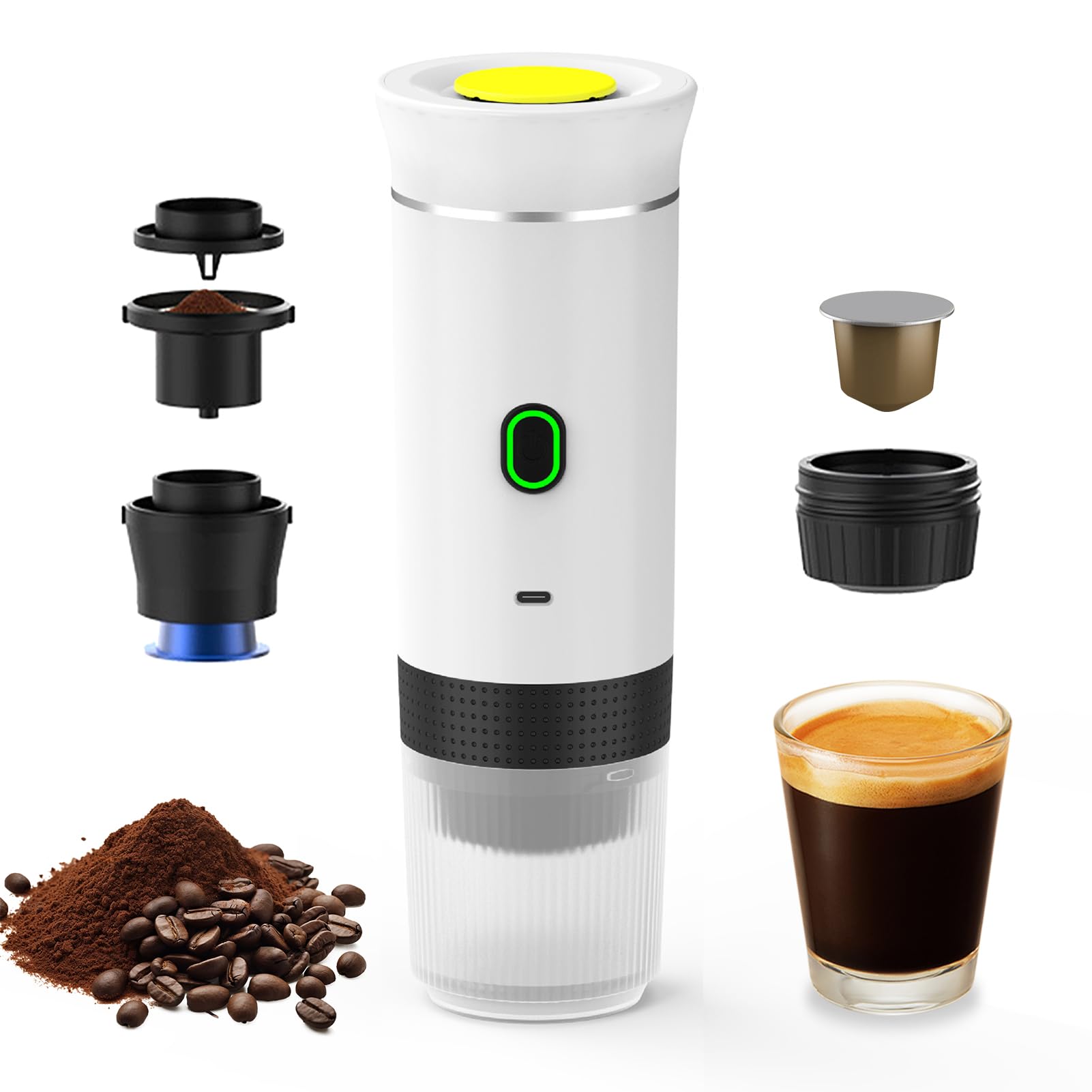Decdeal Cordless Coffee Machine for Car Home Travel 3 in 1 Electric Coffee Maker Work With Capsule and Ground Coffee 15Bar Mini Cold Brew and Heating Coffee Maker with 150ml Cup