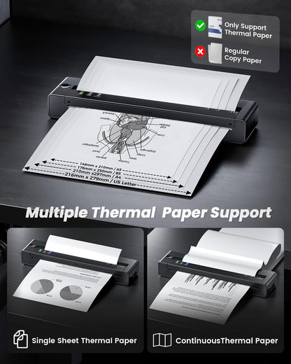 TATTMUSE Inkless Portable Printers Wireless for Travel, Small Thermal Printer Compatible with iPhone Laptop, Bluetooth Mobile Printer for School/Office/Home Use Support 8.5" X 11" Thermal Paper