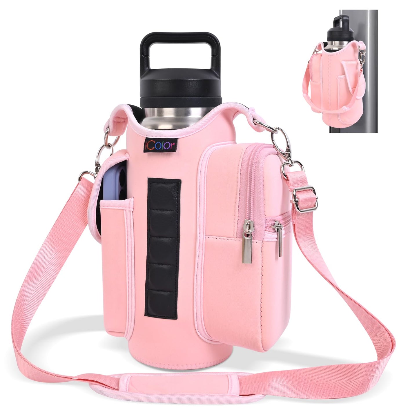 icolor Magnetic Gym Bag Water Bottle Carrier Holder with Phone Pockets & Shoulder Strap,Gym Magnetic Bag 5 Built-in Magnets Gym Accessories Organizer Sling Bottle Bag Pouch Sleeve