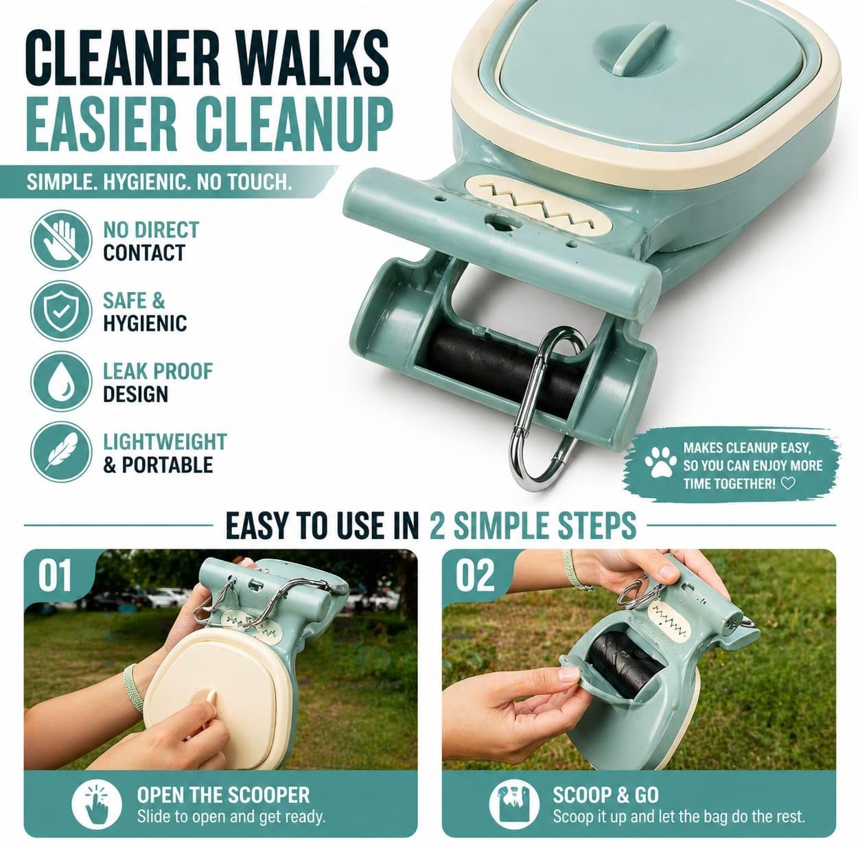 Dog Pooper Scooper with Waste Bag Dispenser – Small Size, Portable, Lightweight, One-Hand Operation, Leak-Proof, Durable Pet Waste Scooper (Green)