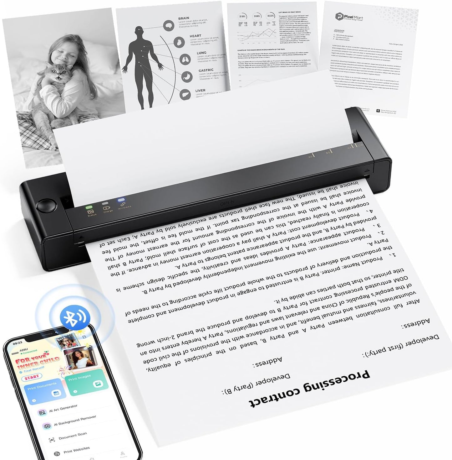 TATTMUSE Inkless Portable Printers Wireless for Travel, Small Thermal Printer Compatible with iPhone Laptop, Bluetooth Mobile Printer for School/Office/Home Use Support 8.5" X 11" Thermal Paper