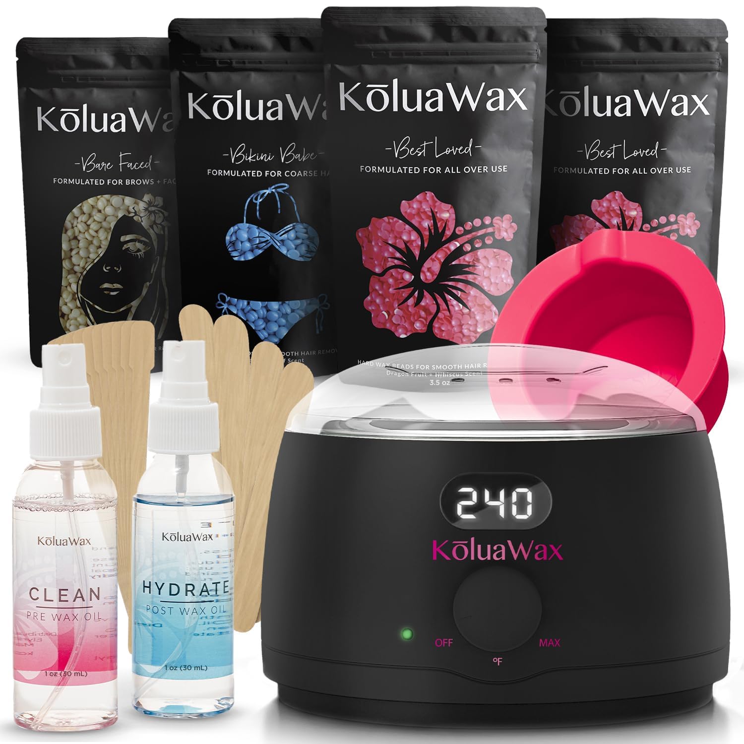 KoluaWax Premium Waxing Kit for Women - Beginner Friendly - Complete Wax Kit that includes 14oz of Wax Beads, Applicator, Pre and Post Care, Suitable for Sensitive Skin (Black) - Mothers Day Gifts