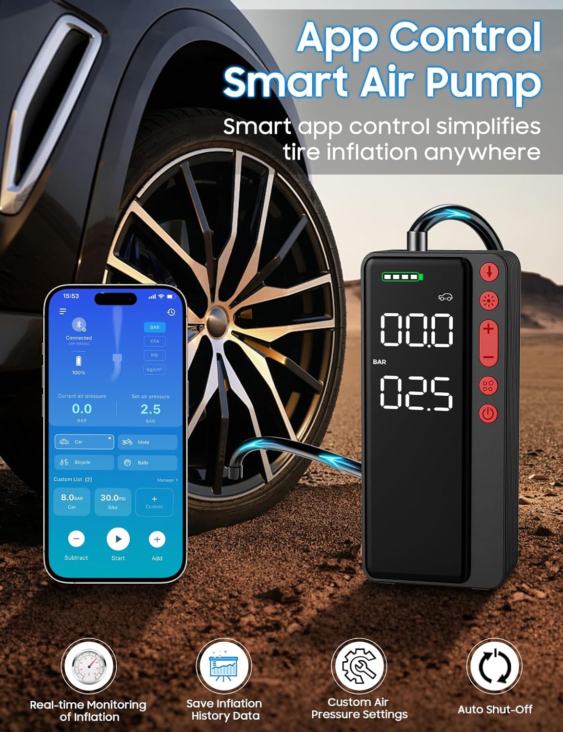 MATULSA Tire Inflator Portable Air Compressor, Smart APP Control Air Pump For Car Tires, 10000mAh, 4X Faster 150PSI Bike Pump with All-in-One Storage, LED Light & Auto Shut-Off for Motorcycles, Balls