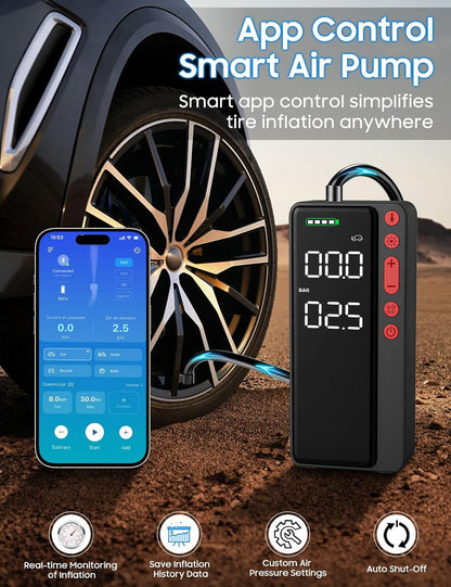 MATULSA Tire Inflator Portable Air Compressor, Smart APP Control Air Pump For Car Tires, 10000mAh, 4X Faster 150PSI Bike Pump with All-in-One Storage, LED Light & Auto Shut-Off for Motorcycles, Balls