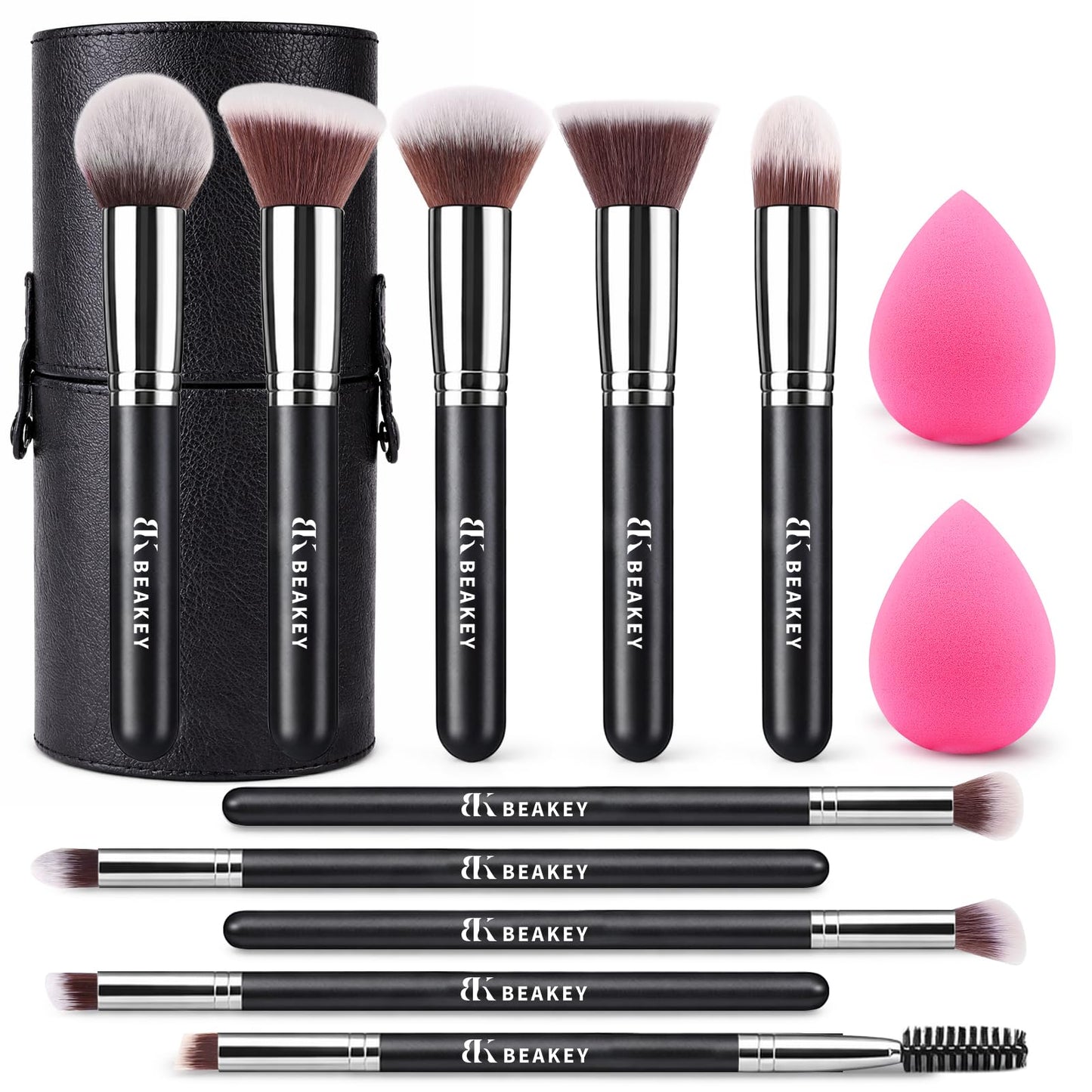BEAKEY Makeup Brushes Set, Professional Foundation Eyeshadow Concealer Blush Powder Bronzer Applicator, 2 Blender Sponge with Beauty Paper Case