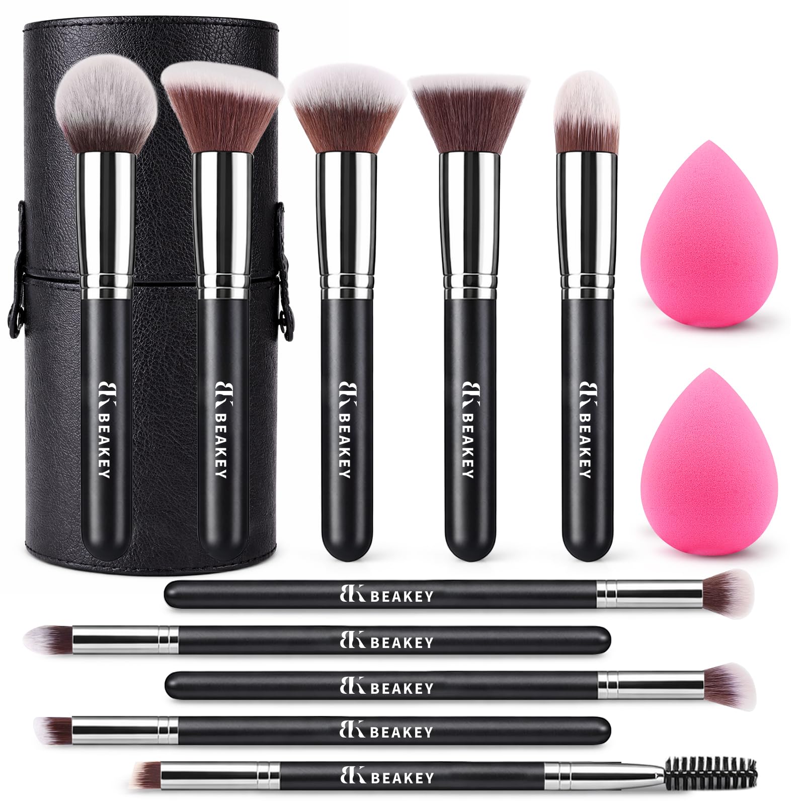 BEAKEY Makeup Brushes Set, Professional Foundation Eyeshadow Concealer Blush Powder Bronzer Applicator, 2 Blender Sponge with Beauty Paper Case