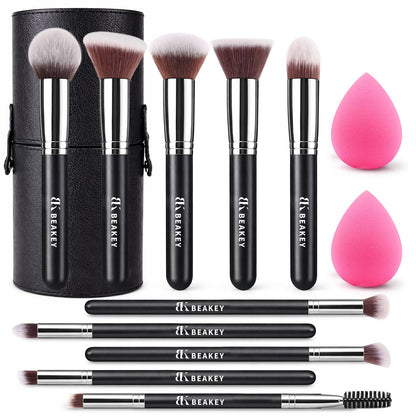 BEAKEY Makeup Brushes Set, Professional Foundation Eyeshadow Concealer Blush Powder Bronzer Applicator, 2 Blender Sponge with Beauty Paper Case