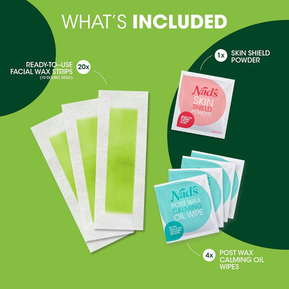 Nad's Facial Wax Strips - Hypoallergenic All Skin Types - Facial Hair Removal For Women - At Home Waxing Kit with 20 Face Wax Strips + 4 Calming Oil Wipes + Skin Protection Powder