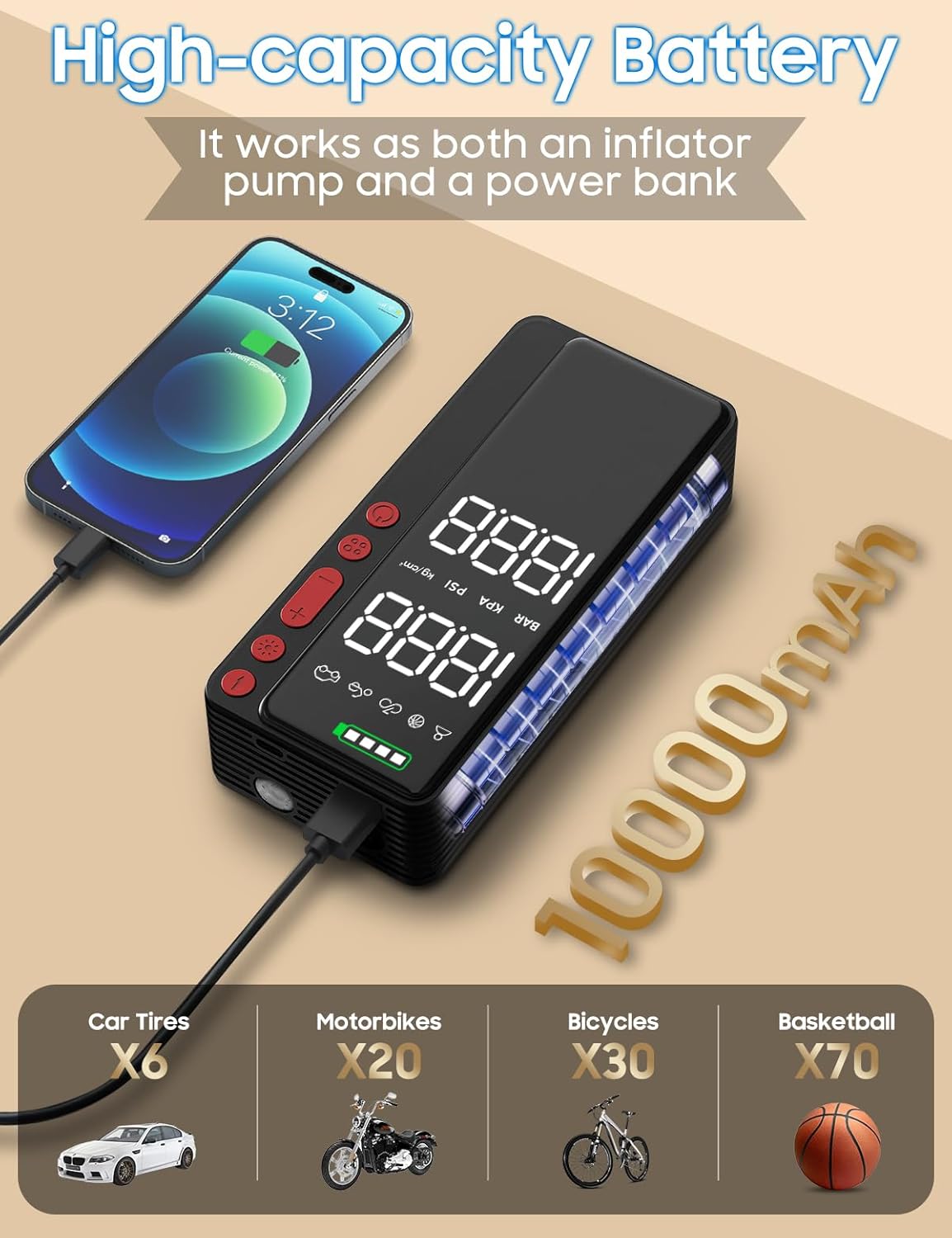 MATULSA Tire Inflator Portable Air Compressor, Smart APP Control Air Pump For Car Tires, 10000mAh, 4X Faster 150PSI Bike Pump with All-in-One Storage, LED Light & Auto Shut-Off for Motorcycles, Balls