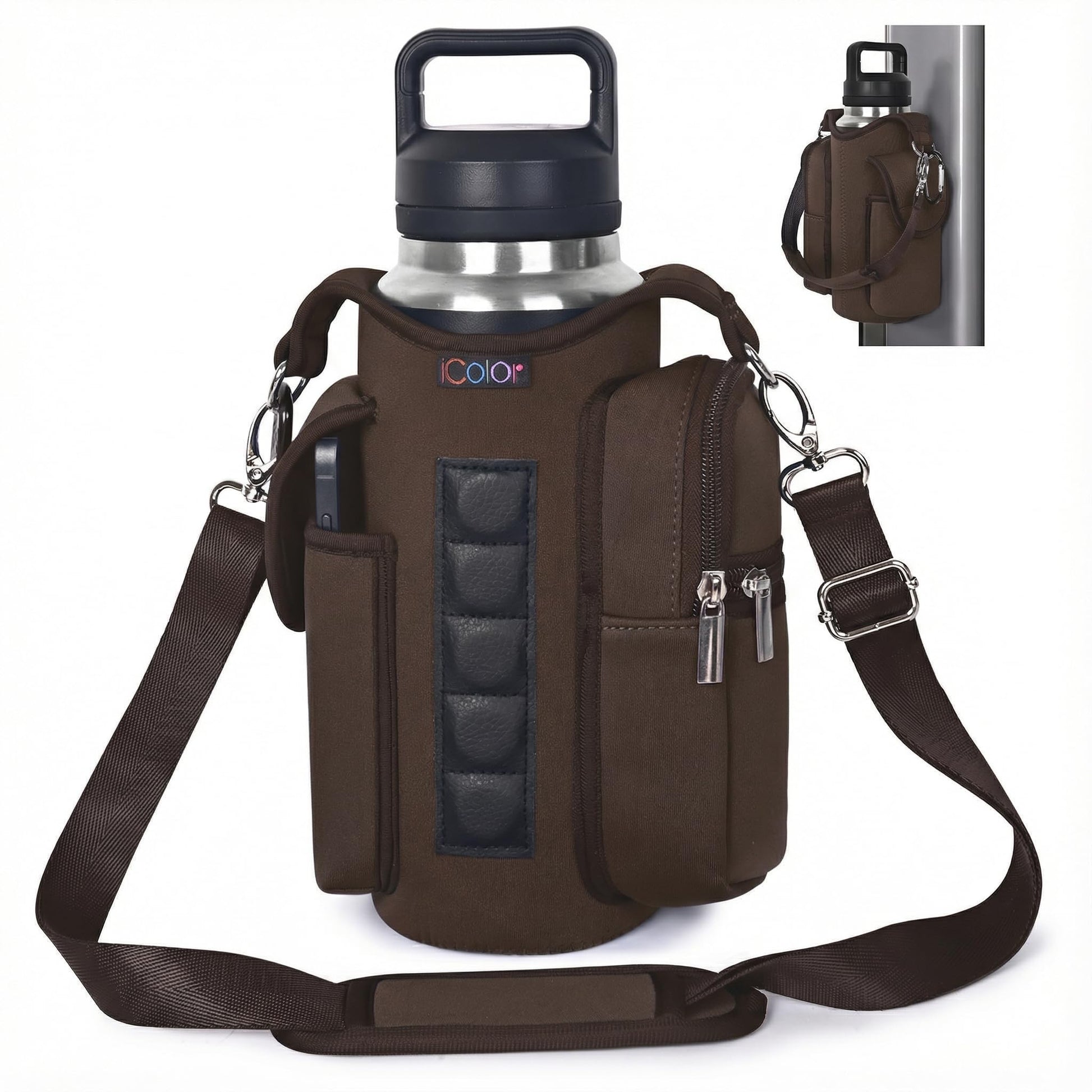 icolor Magnetic Gym Bag Water Bottle Carrier Holder with Phone Pockets & Shoulder Strap,Gym Magnetic Bag 5 Built-in Magnets Gym Accessories Organizer Sling Bottle Bag Pouch Sleeve
