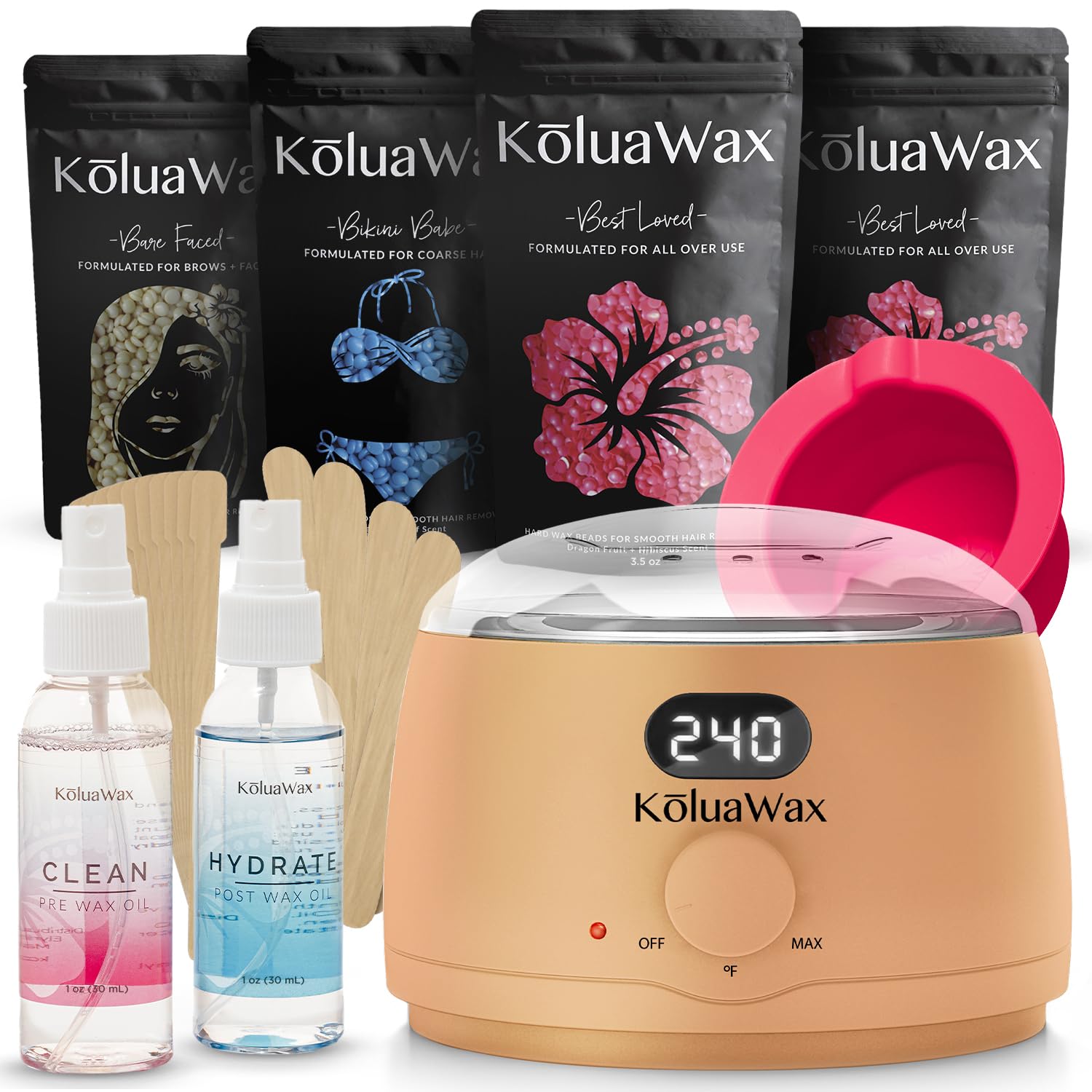 KoluaWax Premium Waxing Kit for Women - Beginner Friendly - Complete Wax Kit that includes 14oz of Wax Beads, Applicator, Pre and Post Care, Suitable for Sensitive Skin (Black) - Mothers Day Gifts