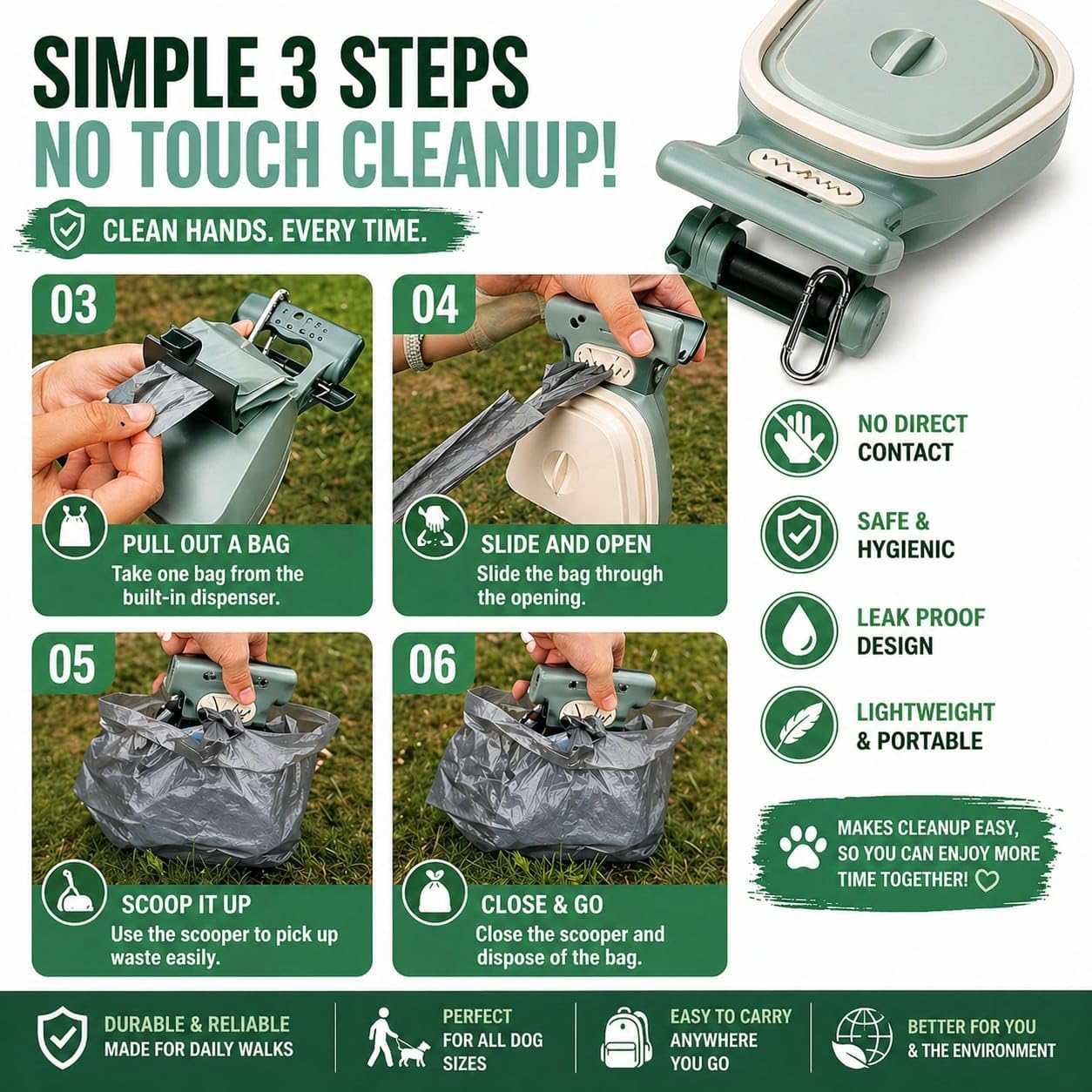 Dog Pooper Scooper with Waste Bag Dispenser – Small Size, Portable, Lightweight, One-Hand Operation, Leak-Proof, Durable Pet Waste Scooper (Green)