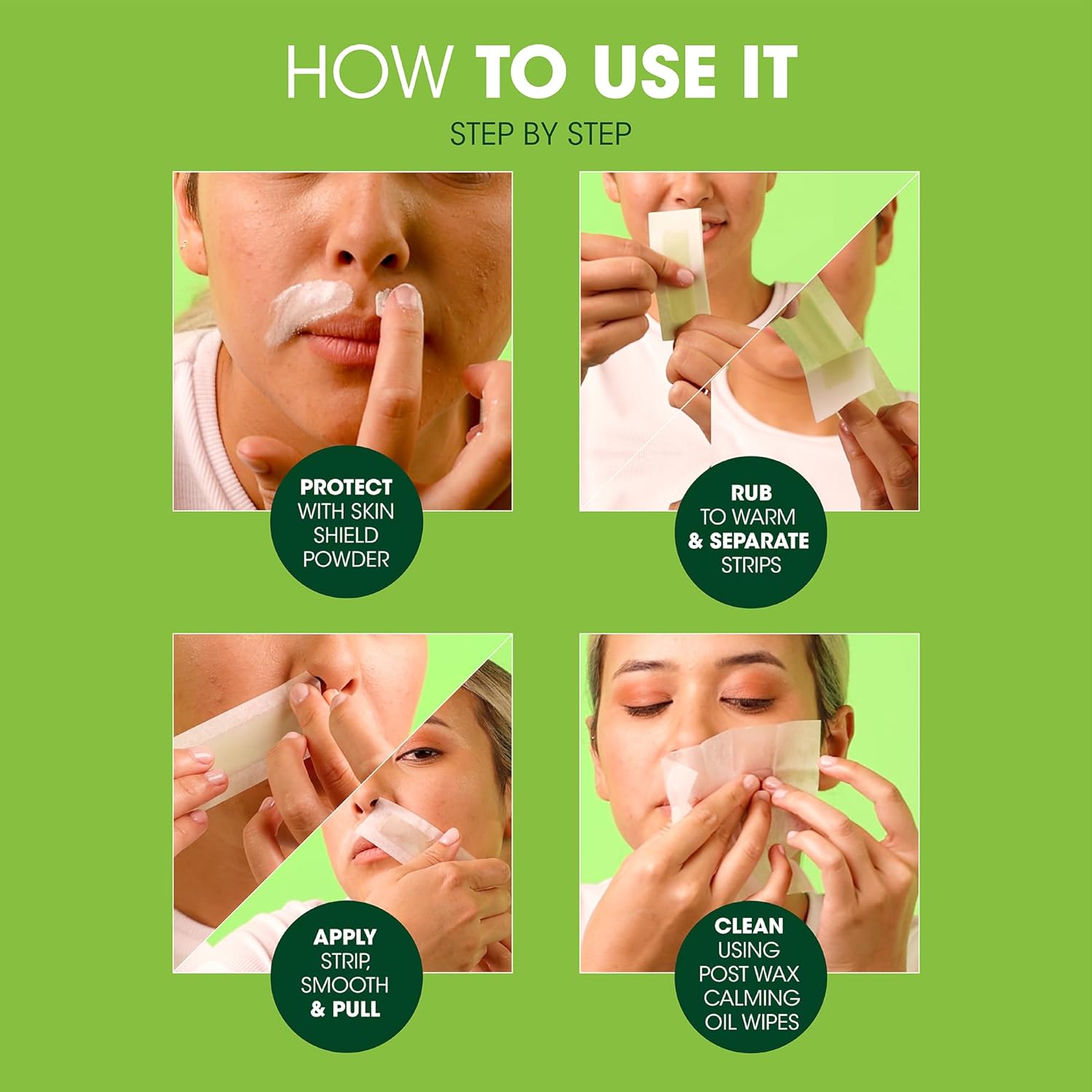 Nad's Facial Wax Strips - Hypoallergenic All Skin Types - Facial Hair Removal For Women - At Home Waxing Kit with 20 Face Wax Strips + 4 Calming Oil Wipes + Skin Protection Powder