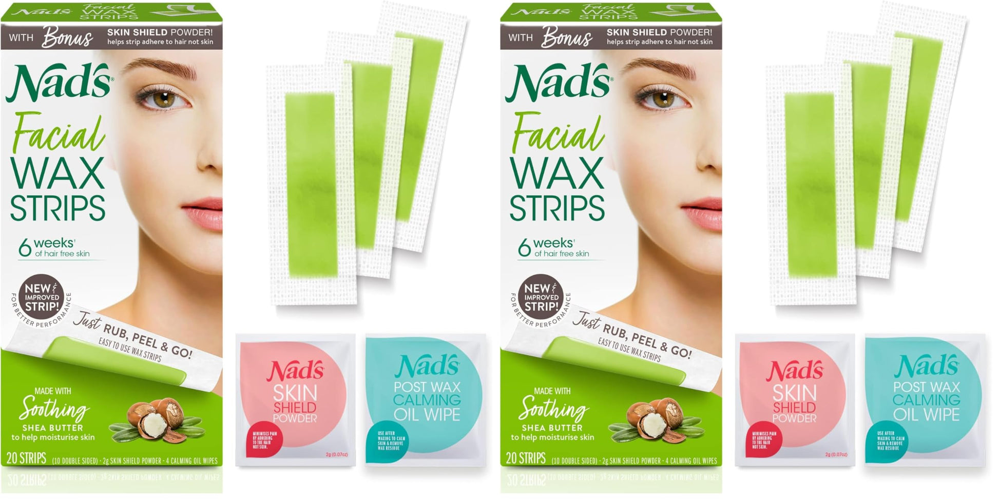 Nad's Facial Wax Strips - Hypoallergenic All Skin Types - Facial Hair Removal For Women - At Home Waxing Kit with 20 Face Wax Strips + 4 Calming Oil Wipes + Skin Protection Powder