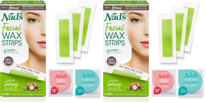 Nad's Facial Wax Strips - Hypoallergenic All Skin Types - Facial Hair Removal For Women - At Home Waxing Kit with 20 Face Wax Strips + 4 Calming Oil Wipes + Skin Protection Powder