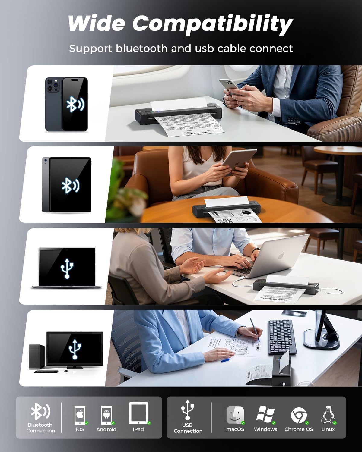 TATTMUSE Inkless Portable Printers Wireless for Travel, Small Thermal Printer Compatible with iPhone Laptop, Bluetooth Mobile Printer for School/Office/Home Use Support 8.5" X 11" Thermal Paper