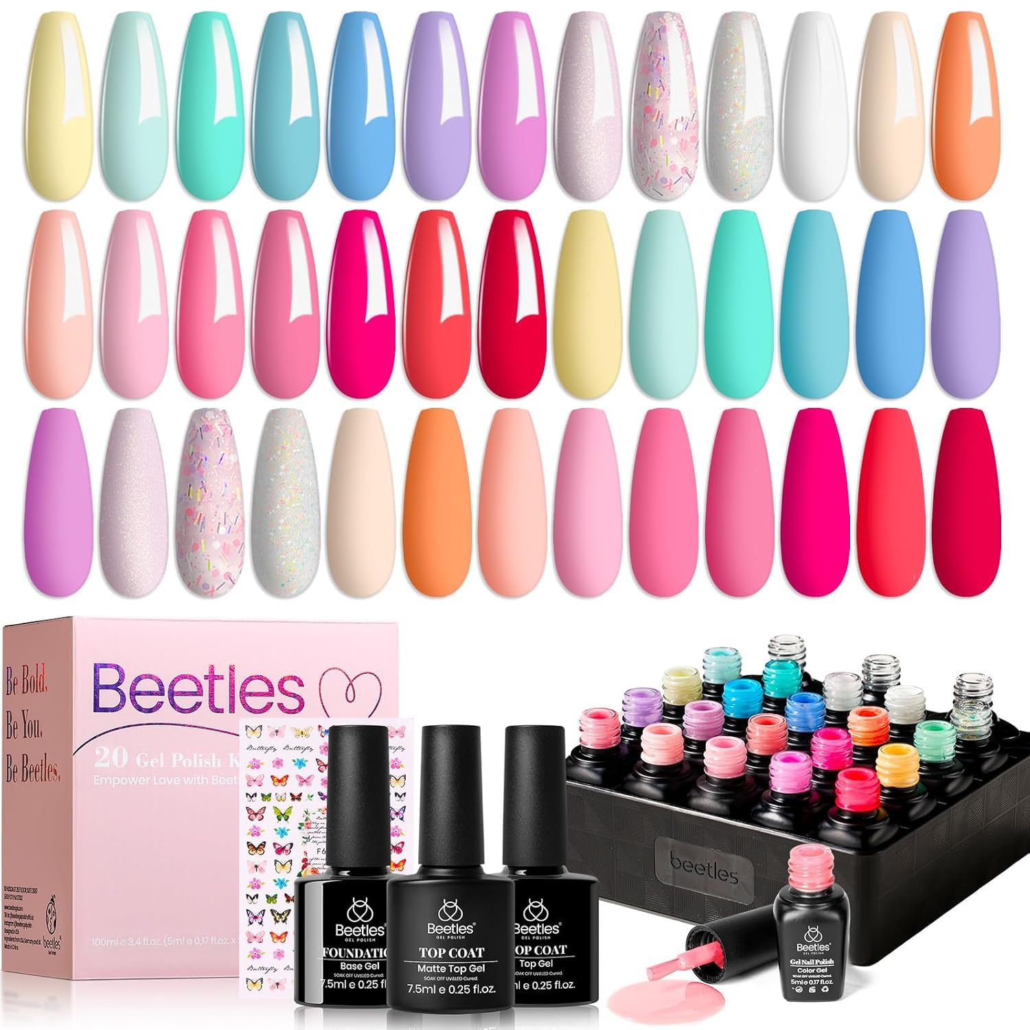 Beetles Gel Nail Polish Kit with U V Light - 80Pcs Color Enchantment 55 Colors Gel Polish Starter Kit with Base Top Coat DIY Nails Supply Stickers Manicure Tools Home Salon Gift for Women