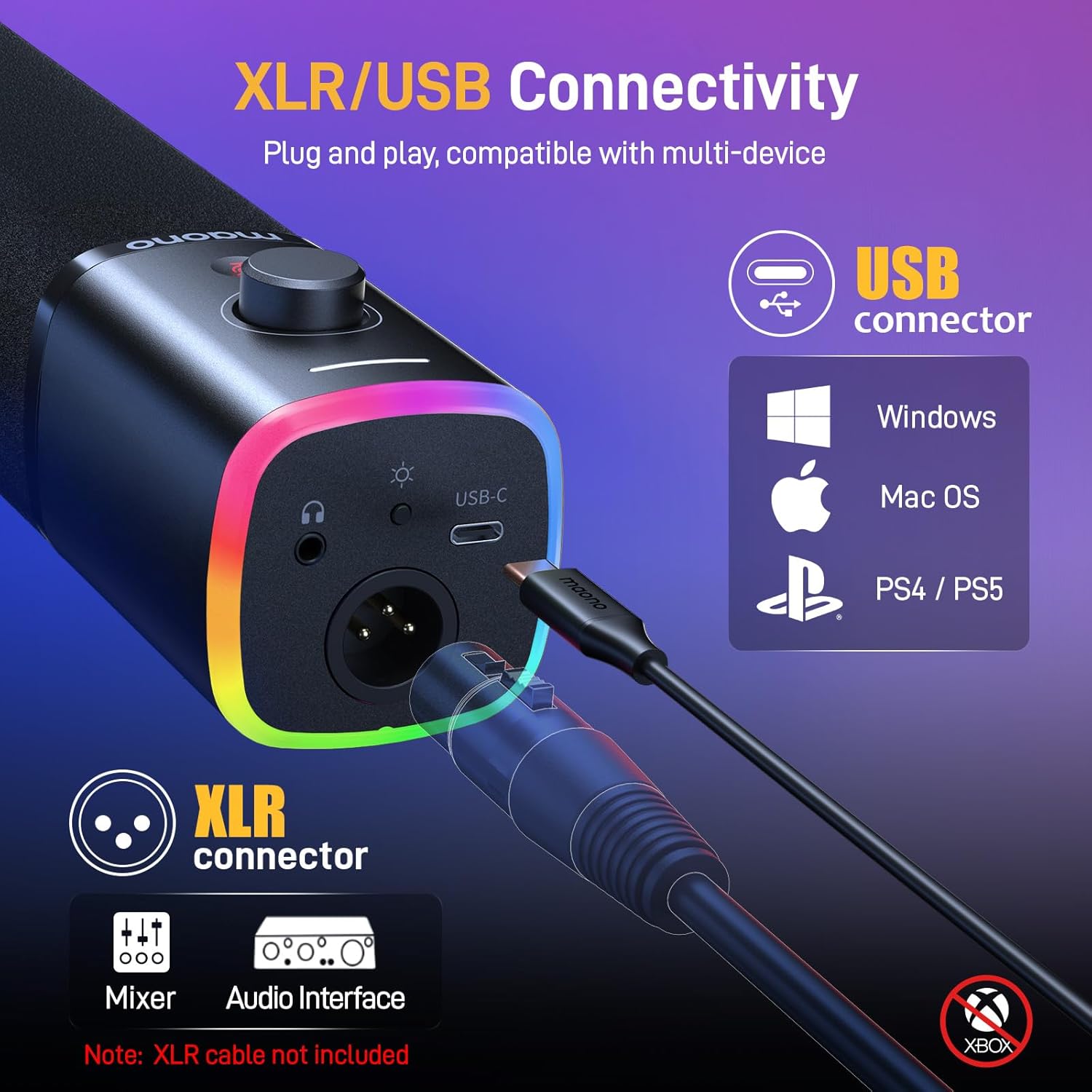 MAONO USB/XLR Podcasting Microphone for PC, Gaming Streaming Dynamic Mic with Mute Button, RGB, Desktop Stand,Computer Mic for Video Studio Recording-PD100X,Black