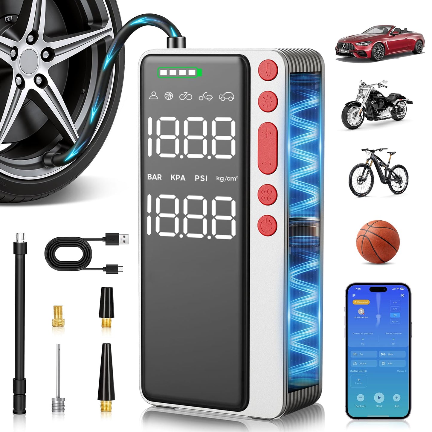 MATULSA Tire Inflator Portable Air Compressor, Smart APP Control Air Pump For Car Tires, 10000mAh, 4X Faster 150PSI Bike Pump with All-in-One Storage, LED Light & Auto Shut-Off for Motorcycles, Balls