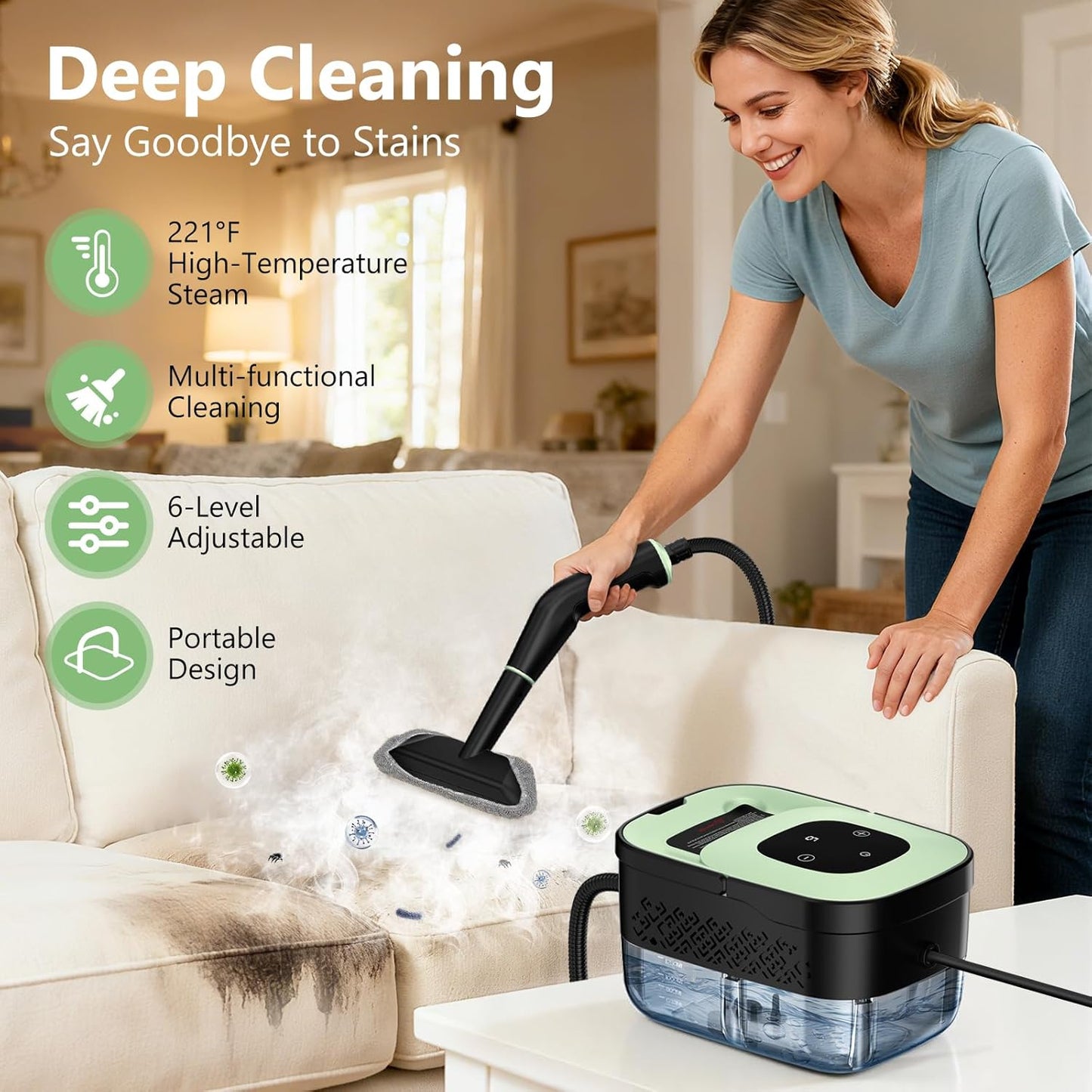 Steam Cleaner, Portable Steamer for Cleaning with 16pcs Accessories, 6-Level Adjustable and 15s Heat-Up, Handheld Steam Cleaner for Home, Tile, Dirt, Grout, Grease, Car Detailing