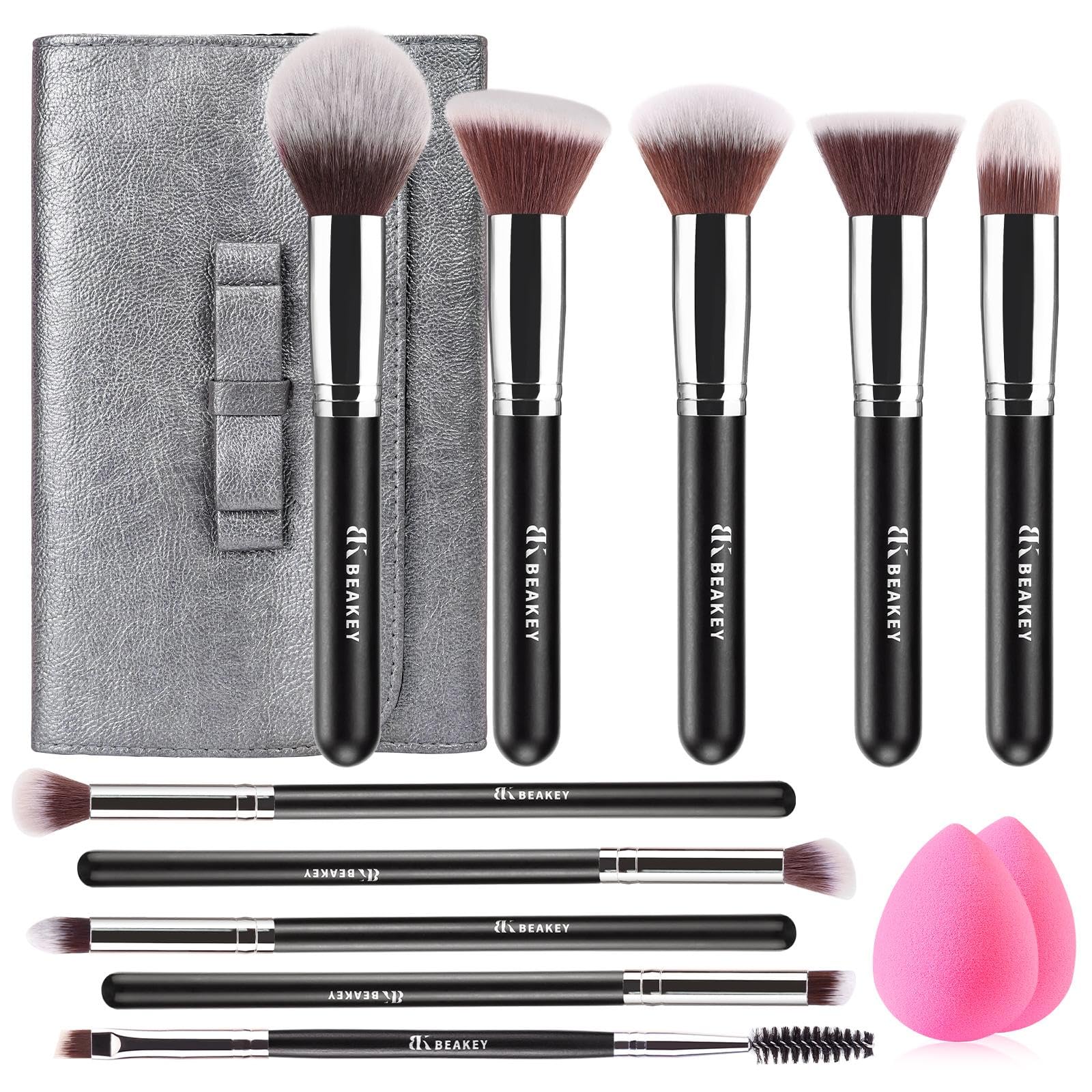 BEAKEY Makeup Brushes Set, Professional Foundation Eyeshadow Concealer Blush Powder Bronzer Applicator, 2 Blender Sponge with Beauty Paper Case