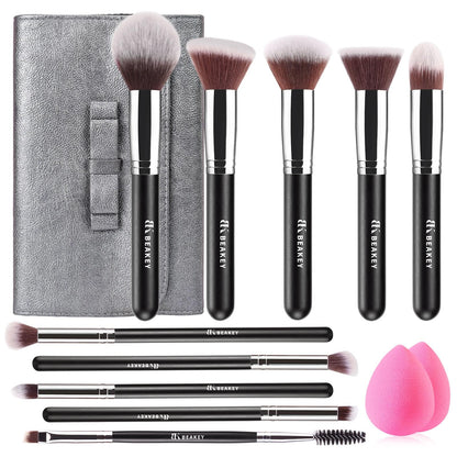 BEAKEY Makeup Brushes Set, Professional Foundation Eyeshadow Concealer Blush Powder Bronzer Applicator, 2 Blender Sponge with Beauty Paper Case