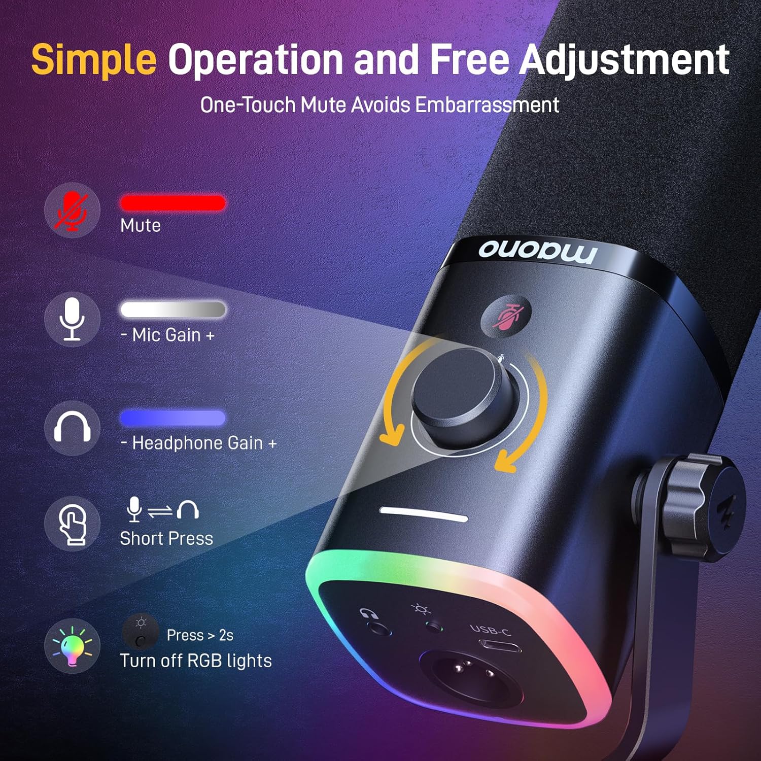 MAONO USB/XLR Podcasting Microphone for PC, Gaming Streaming Dynamic Mic with Mute Button, RGB, Desktop Stand,Computer Mic for Video Studio Recording-PD100X,Black