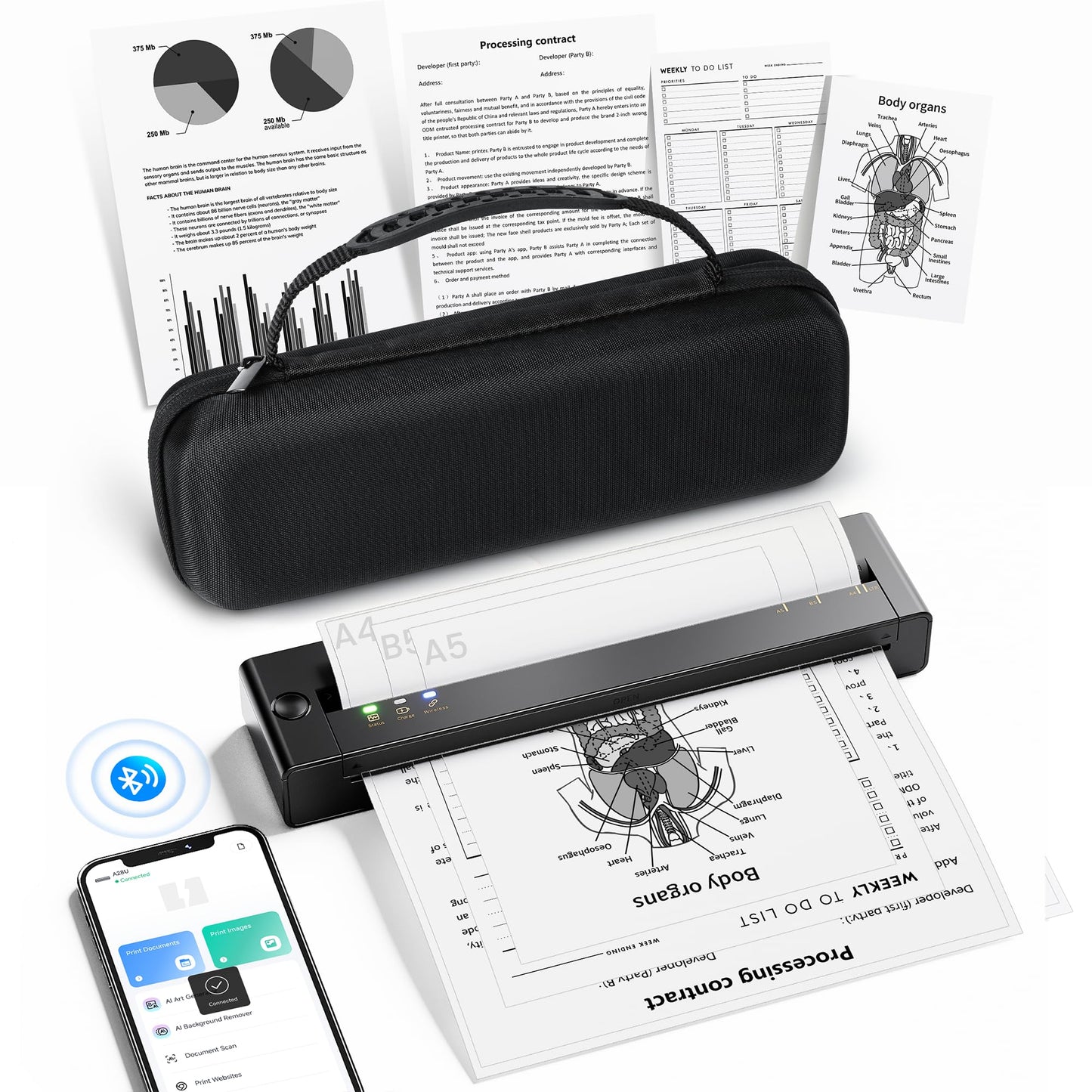 TATTMUSE Inkless Portable Printers Wireless for Travel, Small Thermal Printer Compatible with iPhone Laptop, Bluetooth Mobile Printer for School/Office/Home Use Support 8.5" X 11" Thermal Paper