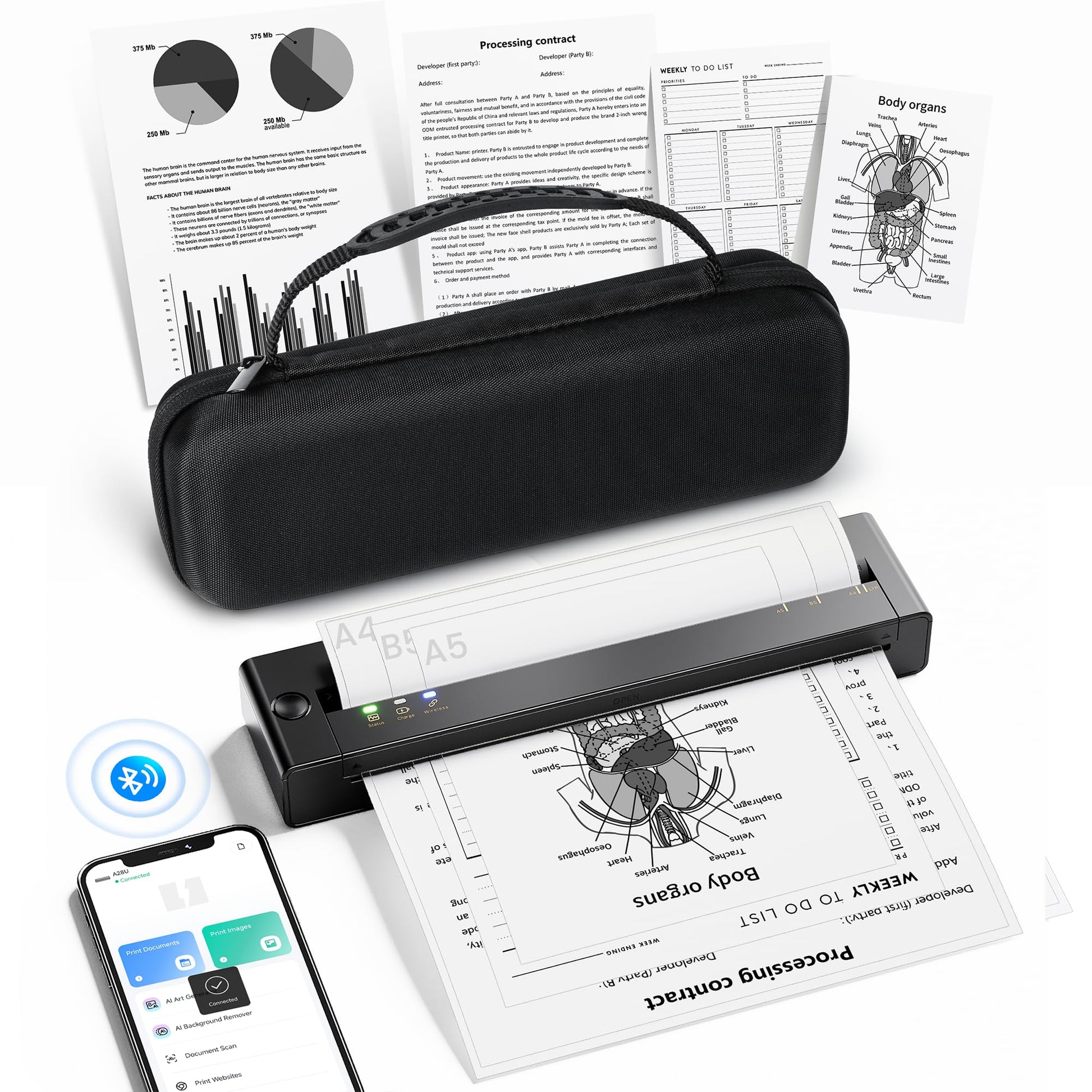 TATTMUSE Inkless Portable Printers Wireless for Travel, Small Thermal Printer Compatible with iPhone Laptop, Bluetooth Mobile Printer for School/Office/Home Use Support 8.5" X 11" Thermal Paper