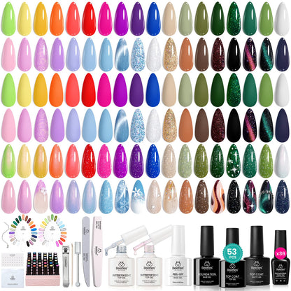 Beetles Gel Nail Polish Kit with U V Light - 80Pcs Color Enchantment 55 Colors Gel Polish Starter Kit with Base Top Coat DIY Nails Supply Stickers Manicure Tools Home Salon Gift for Women