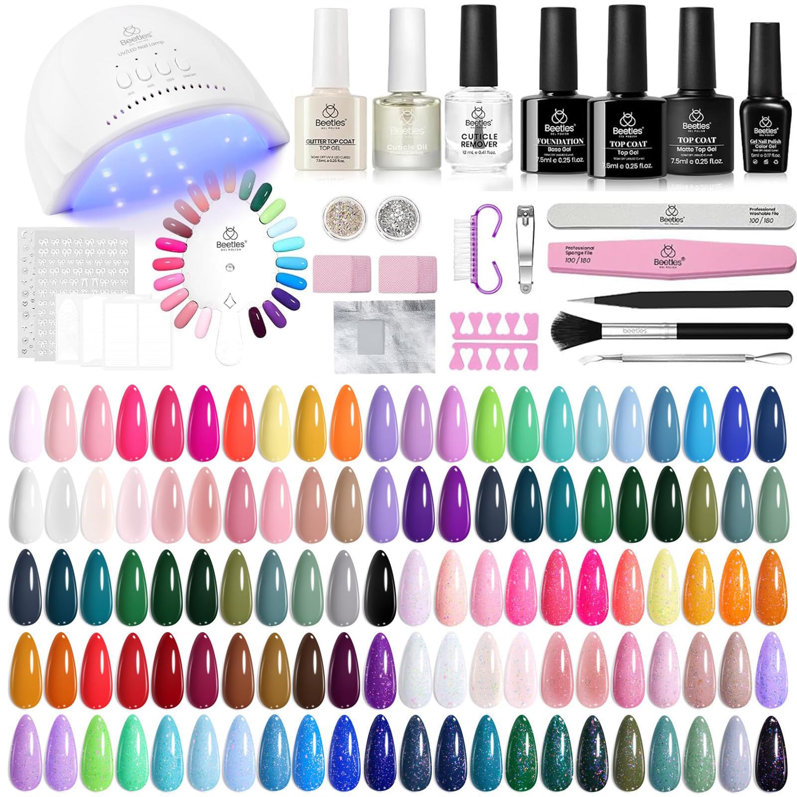 Beetles Gel Nail Polish Kit with U V Light - 80Pcs Color Enchantment 55 Colors Gel Polish Starter Kit with Base Top Coat DIY Nails Supply Stickers Manicure Tools Home Salon Gift for Women