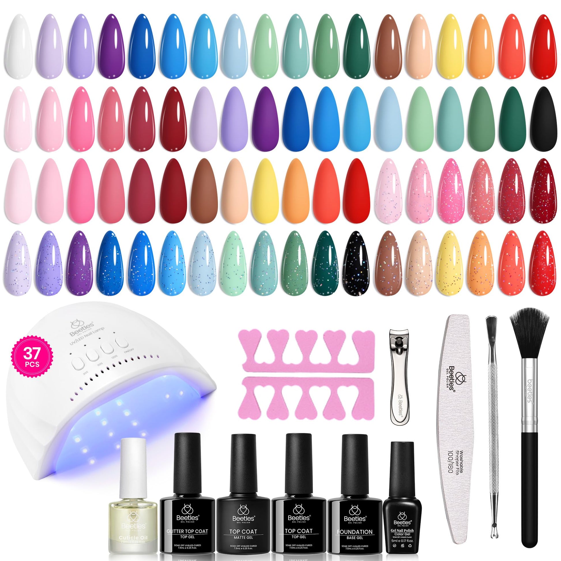 Beetles Gel Nail Polish Kit with U V Light - 80Pcs Color Enchantment 55 Colors Gel Polish Starter Kit with Base Top Coat DIY Nails Supply Stickers Manicure Tools Home Salon Gift for Women