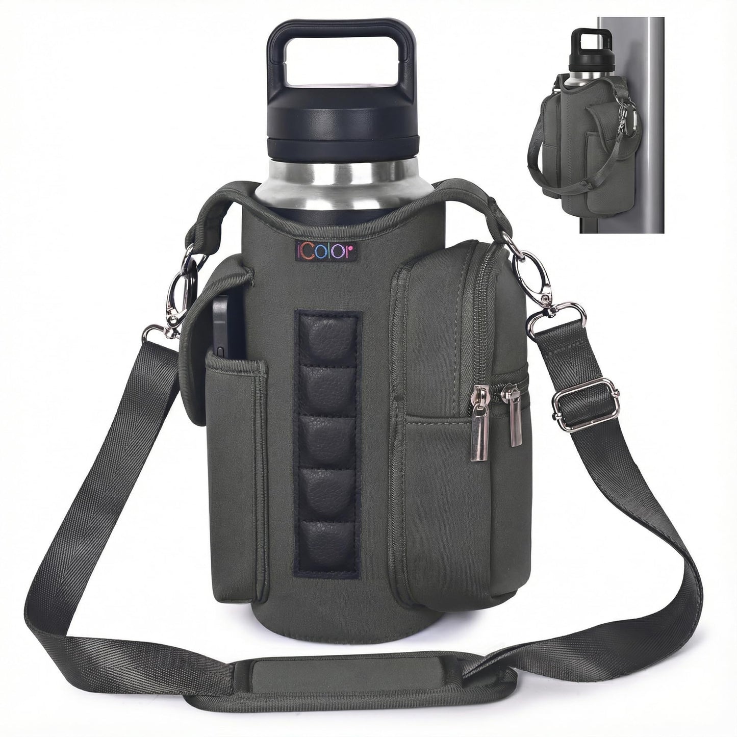 icolor Magnetic Gym Bag Water Bottle Carrier Holder with Phone Pockets & Shoulder Strap,Gym Magnetic Bag 5 Built-in Magnets Gym Accessories Organizer Sling Bottle Bag Pouch Sleeve