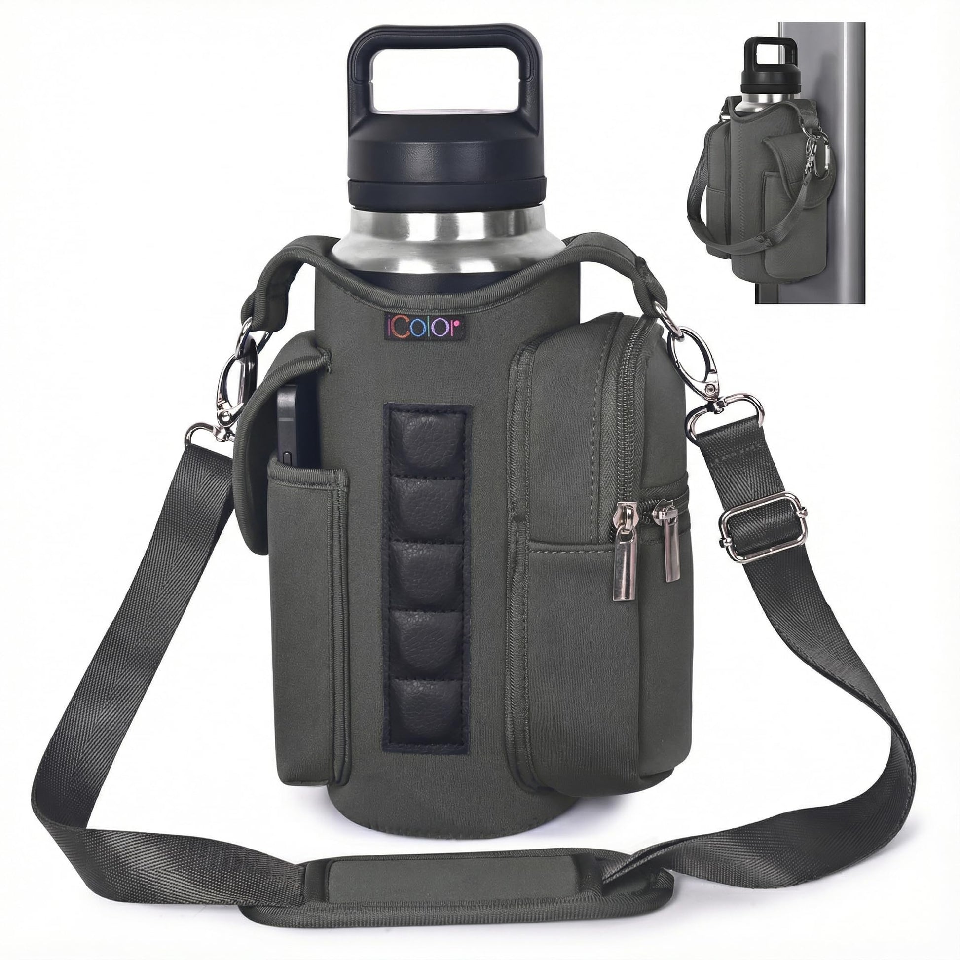 icolor Magnetic Gym Bag Water Bottle Carrier Holder with Phone Pockets & Shoulder Strap,Gym Magnetic Bag 5 Built-in Magnets Gym Accessories Organizer Sling Bottle Bag Pouch Sleeve