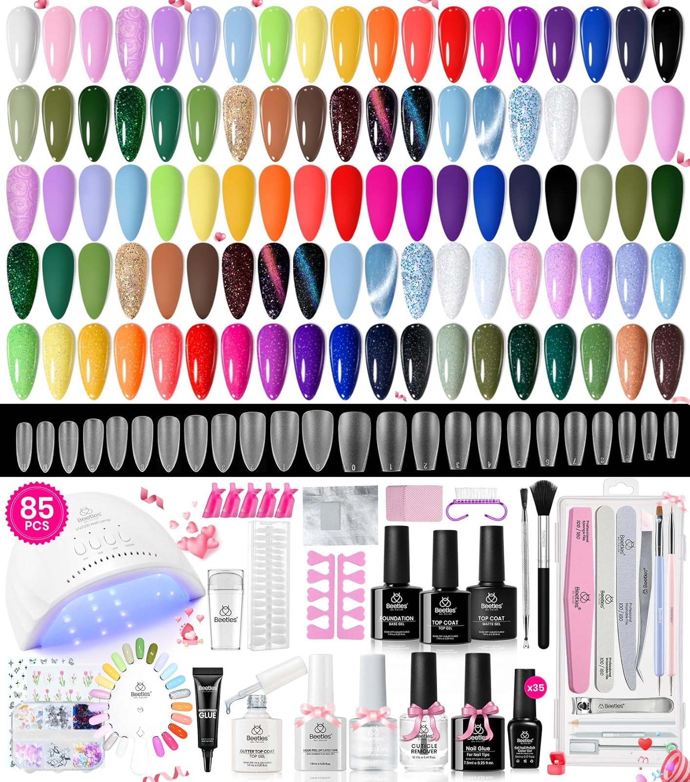 Beetles Gel Nail Polish Kit with U V Light - 80Pcs Color Enchantment 55 Colors Gel Polish Starter Kit with Base Top Coat DIY Nails Supply Stickers Manicure Tools Home Salon Gift for Women