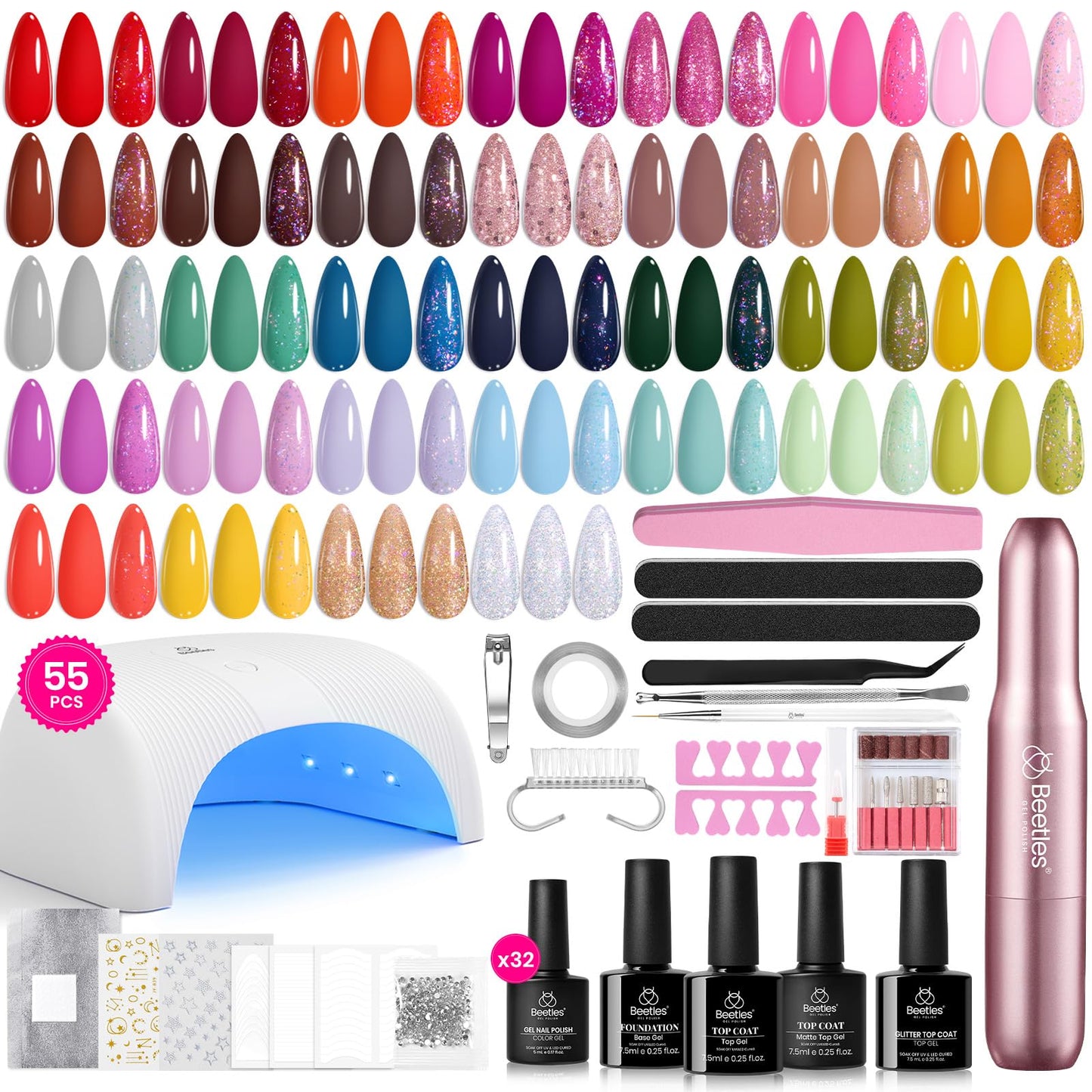 Beetles Gel Nail Polish Kit with U V Light - 80Pcs Color Enchantment 55 Colors Gel Polish Starter Kit with Base Top Coat DIY Nails Supply Stickers Manicure Tools Home Salon Gift for Women