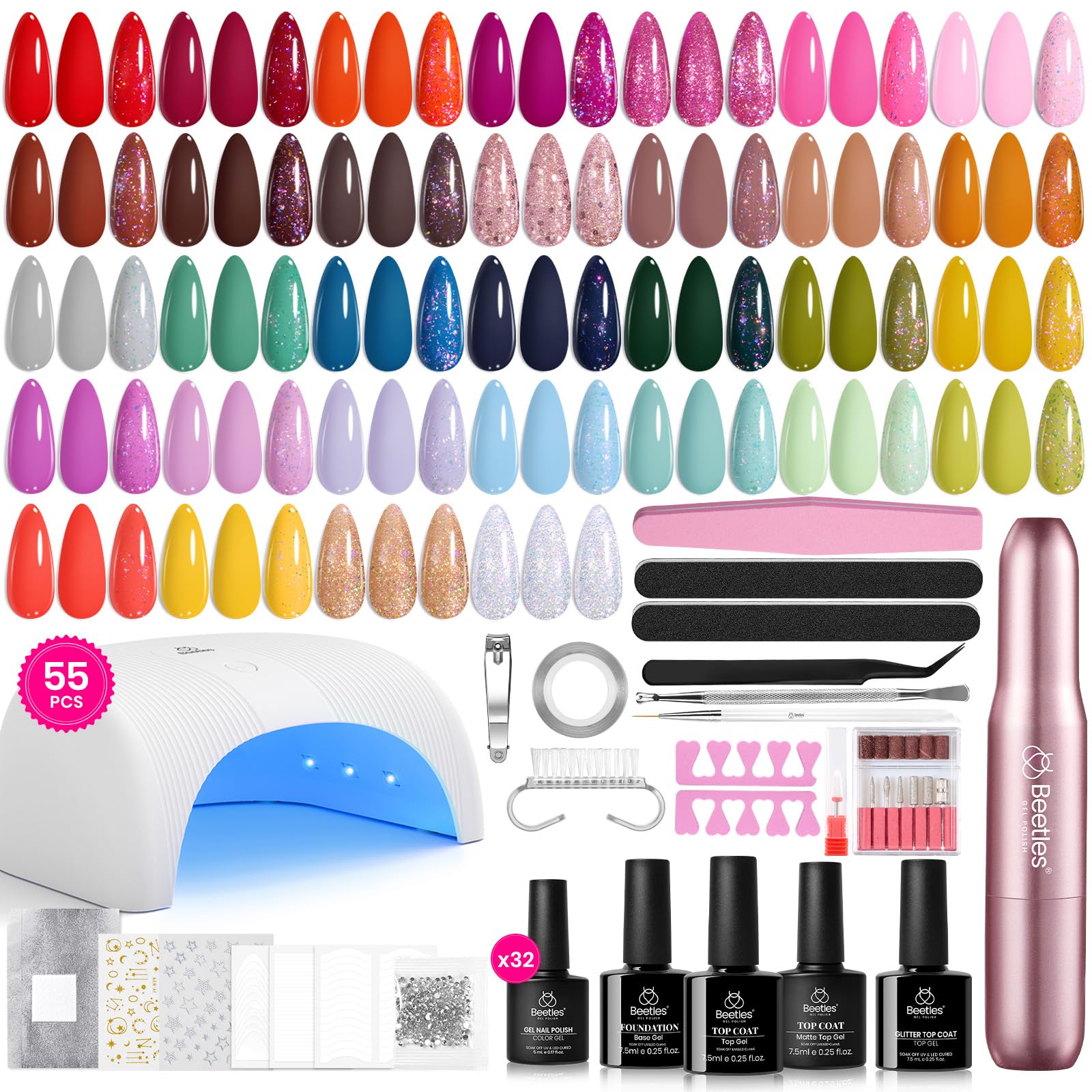 Beetles Gel Nail Polish Kit with U V Light - 80Pcs Color Enchantment 55 Colors Gel Polish Starter Kit with Base Top Coat DIY Nails Supply Stickers Manicure Tools Home Salon Gift for Women
