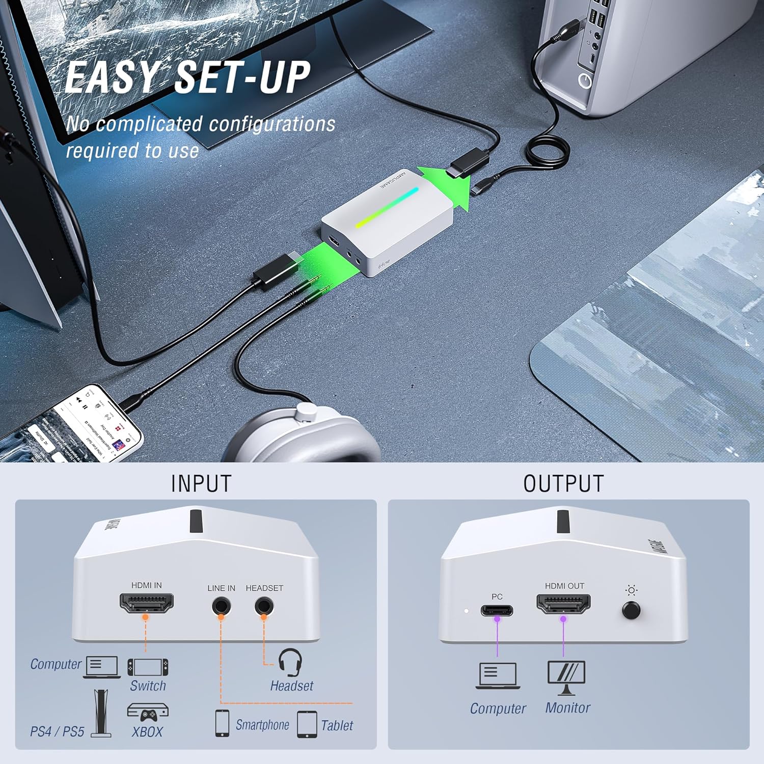 FIFINE AmpliGame Gaming Controller with 4K Capture Card Kit, Streaming Keyboard with 15 Shortcuts, Macro Keys, 1080P Capture Card with HDMI Port, RGB, Compatible with Switch/XBOX/PS5/PC (D6+V3 White)